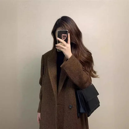 LVSANW Woolen Coat Women Autumn Winter Solid Elegant Korean Jacket Thick Wool Blazer Casual Mid-Length Single-Button Lapel Coat Outwear