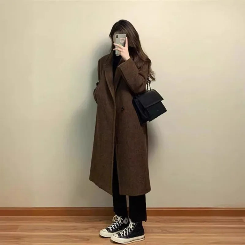 LVSANW Woolen Coat Women Autumn Winter Solid Elegant Korean Jacket Thick Wool Blazer Casual Mid-Length Single-Button Lapel Coat Outwear