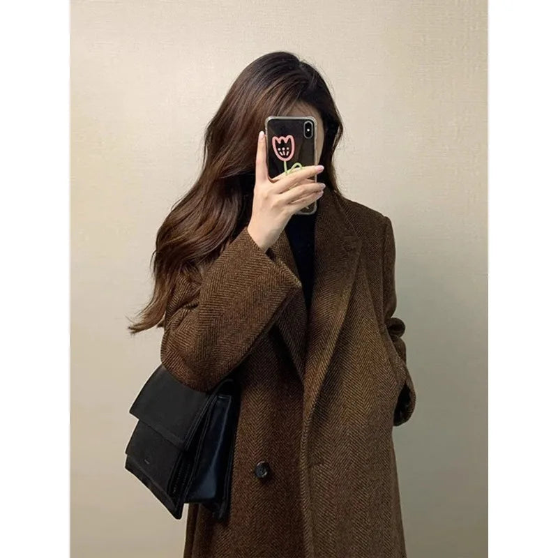 LVSANW Woolen Coat Women Autumn Winter Solid Elegant Korean Jacket Thick Wool Blazer Casual Mid-Length Single-Button Lapel Coat Outwear