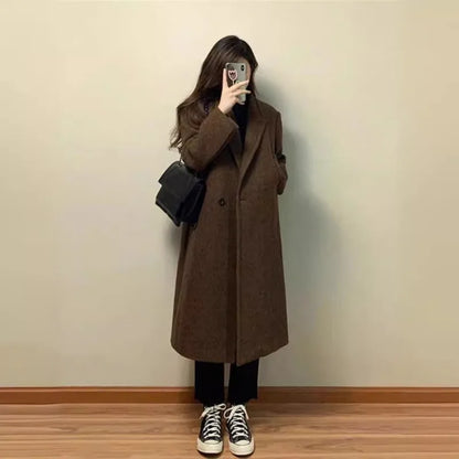 LVSANW Woolen Coat Women Autumn Winter Solid Elegant Korean Jacket Thick Wool Blazer Casual Mid-Length Single-Button Lapel Coat Outwear