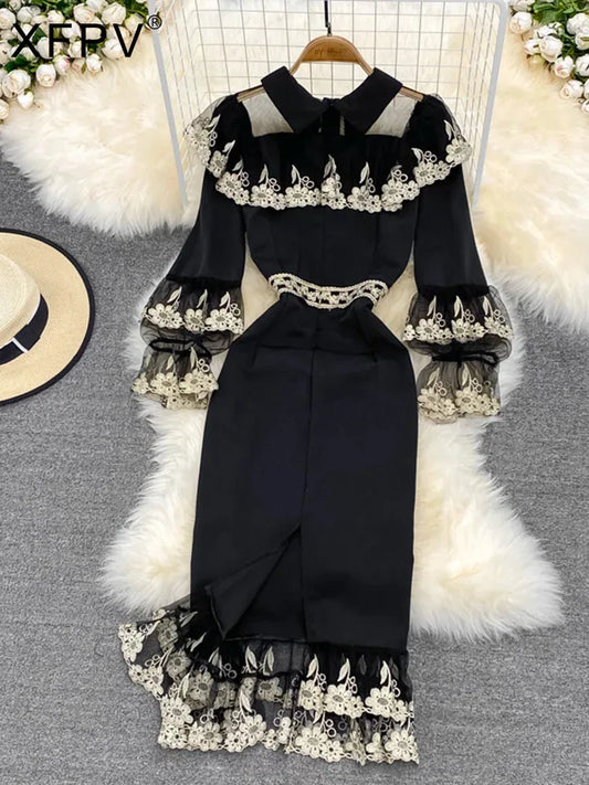 LVSANW XFPV Elegant Design Fashion Women's Contrast Color Embroidery Patchwork High Waist Fishtail Dress 2025 Autumn New Dresses SN3863