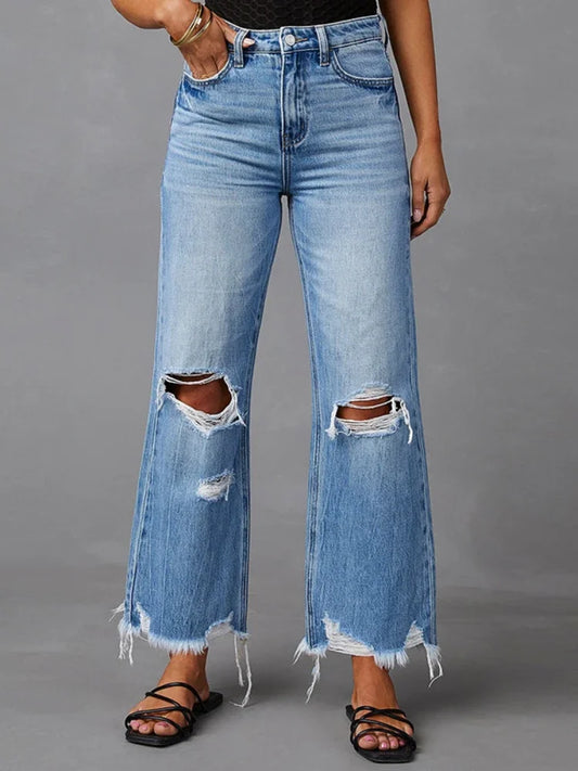 LVSANW XIZOU Blue Jeans for Women Summer 2024 Fashion Washed Ripped High Waisted Wide Leg Pants Streetwear y2k Baggy Pants