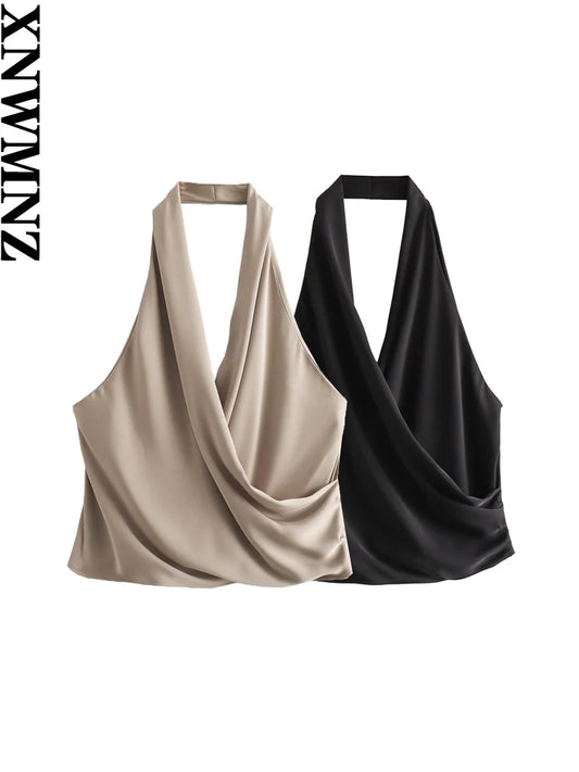 LVSANW XNWMNZ Women's Fashion 2024 satin halter top women high street backless side pleated versatile female chic top