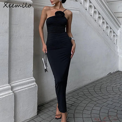 LVSANW Xeemilo Elegant Sleeveless Slim Black Dress Aesthetic Oblique Strap Backless Prom Dresses French Retro Evening Party Skinny Robe