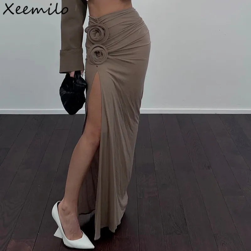 LVSANW Xeemilo Vintage Flower Applique High Split Long Skirt Sexy High-waist Ruched Solid Slim Skirt Elegant Fashion Women Autumn Skirt