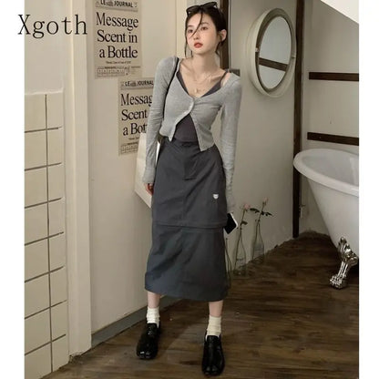 LVSANW Xgoth Chic Three-piece Suit Korean Retro Skirt Contrast Button Slim Fit Sunscreen Cardigan Bottom Vest Hot Girls Female Outfits