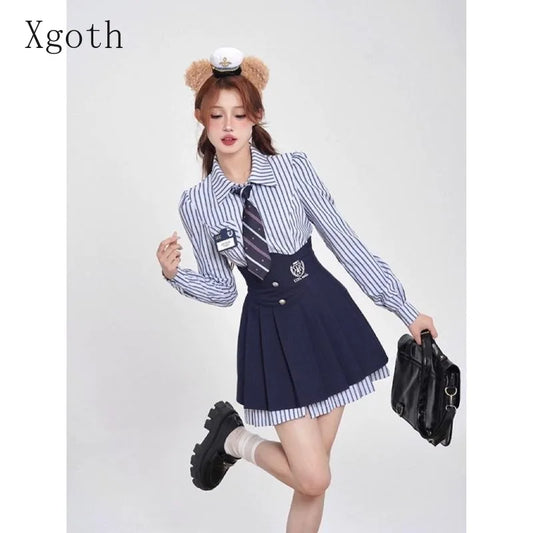 LVSANW Xgoth Chic Women's Skirt Set Striped Long Sleeve Lapel Casual Shirts Tops A-line Mini Skirts Hot Girls Preppy Female Outfits