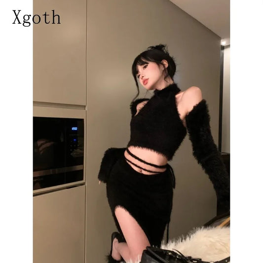 LVSANW Xgoth Spring Skirt Set Halter Solid Sleeveless Camis Long Sleeve Cape Tops Sweet Hot Girl Slim Fit Short Skirts Three Piece Sets