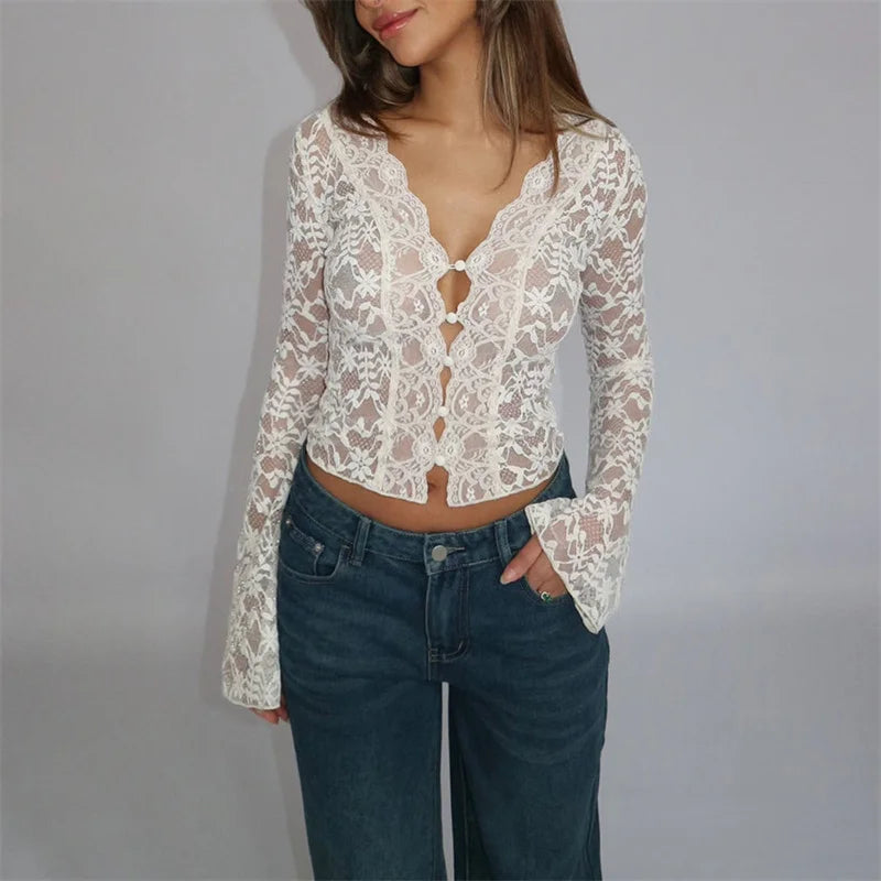 LVSANW Xingqing Aesthetic Lace Top Women y2k Sheer See Through Floral V Neck Flared Long Sleeve Blouse Elegant Ladies Shirt Streetwear