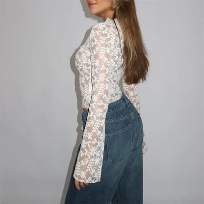 LVSANW Xingqing Aesthetic Lace Top Women y2k Sheer See Through Floral V Neck Flared Long Sleeve Blouse Elegant Ladies Shirt Streetwear