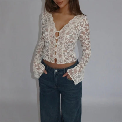 LVSANW Xingqing Aesthetic Lace Top Women y2k Sheer See Through Floral V Neck Flared Long Sleeve Blouse Elegant Ladies Shirt Streetwear