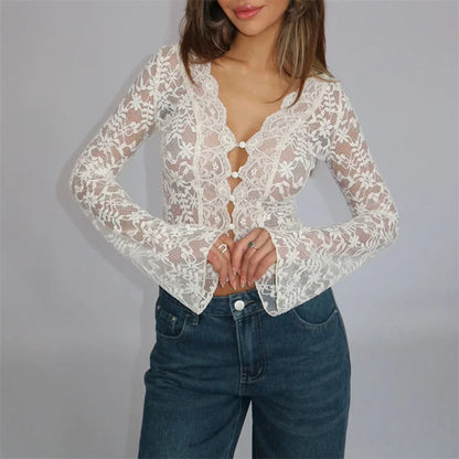 LVSANW Xingqing Aesthetic Lace Top Women y2k Sheer See Through Floral V Neck Flared Long Sleeve Blouse Elegant Ladies Shirt Streetwear