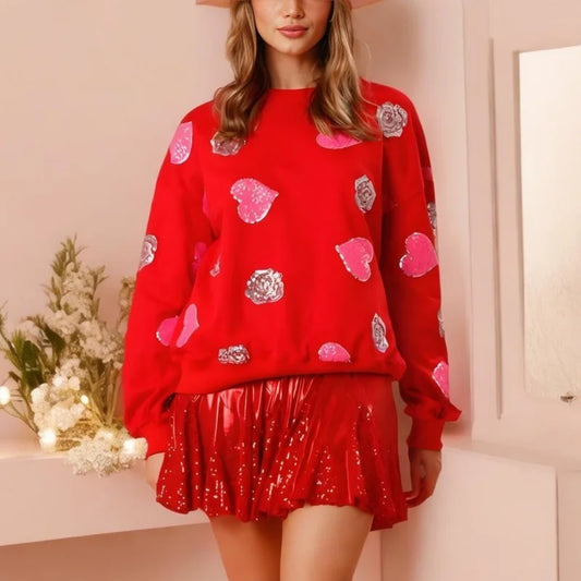 LVSANW Xingqing y2k Sweatshirts Women Valentine Day Clothes Sequins Heart Print Round Neck Long Sleeve Pullover Tops 2000s Streetwear