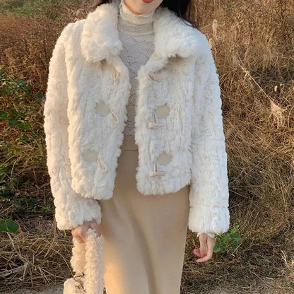 LVSANW Xpqbb Korean Fashion Lamb Wool Jacket Women Autumn Winter Thicken Warm Short Faux Fur Coat Ladies Chic Horn Button Plush Outwear