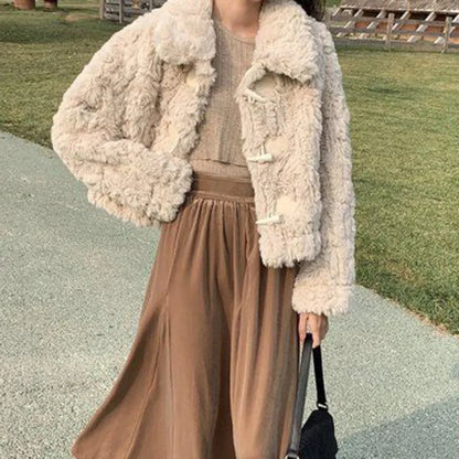 LVSANW Xpqbb Korean Fashion Lamb Wool Jacket Women Autumn Winter Thicken Warm Short Faux Fur Coat Ladies Chic Horn Button Plush Outwear