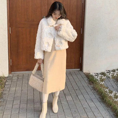 LVSANW Xpqbb Korean Fashion Lamb Wool Jacket Women Autumn Winter Thicken Warm Short Faux Fur Coat Ladies Chic Horn Button Plush Outwear