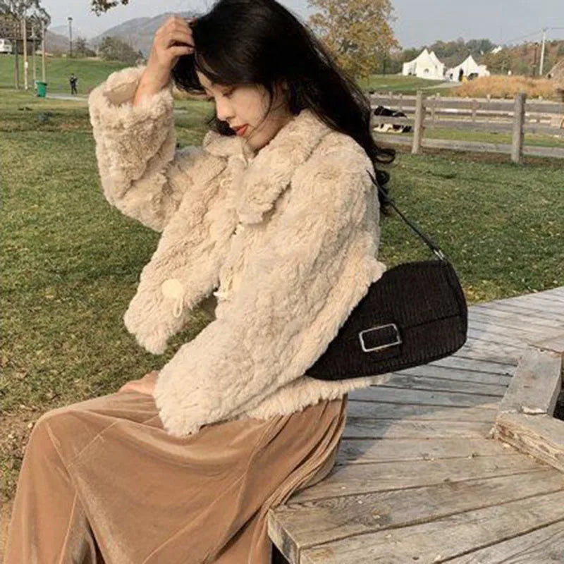 LVSANW Xpqbb Korean Fashion Lamb Wool Jacket Women Autumn Winter Thicken Warm Short Faux Fur Coat Ladies Chic Horn Button Plush Outwear