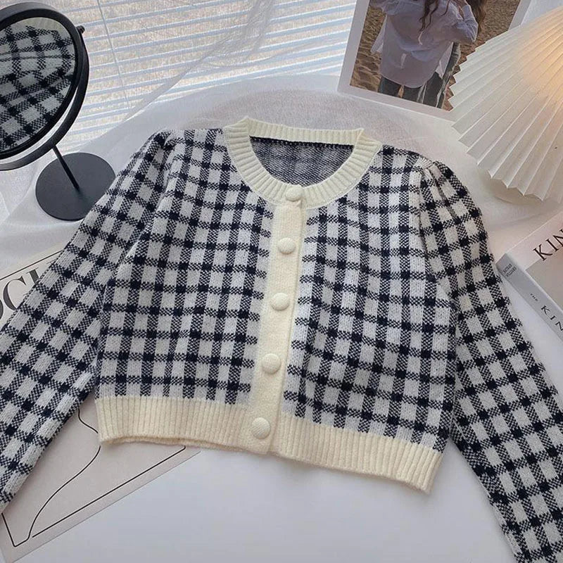 LVSANW Xpqbb Women's Sweater Cardigans Korean Sweet Plaid Long-sleeved Knit Outerwear Woman Autumn Winter New O-neck Cropped Knitwear