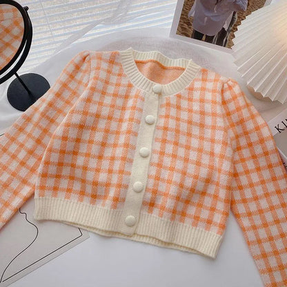 LVSANW Xpqbb Women's Sweater Cardigans Korean Sweet Plaid Long-sleeved Knit Outerwear Woman Autumn Winter New O-neck Cropped Knitwear