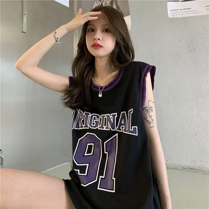 LVSANW Y2K American Retro Basketball Suit Sports Vest Female Summer European Style Sleeveless T-shirt Spice Girl Sweet Cool Loose Top