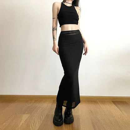 LVSANW Y2K Black Long Skirts Women Harajuku Sexy Mesh Patchwork Wrap Skirt Summer Gothic High Waist Slim Fit A Line Faldas 2025 New