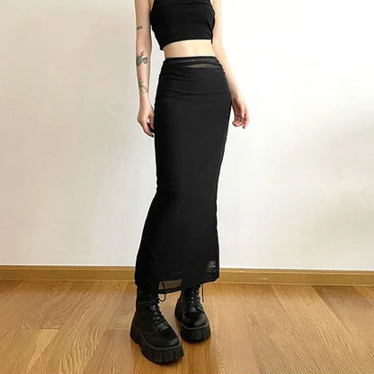 LVSANW Y2K Black Long Skirts Women Harajuku Sexy Mesh Patchwork Wrap Skirt Summer Gothic High Waist Slim Fit A Line Faldas 2025 New