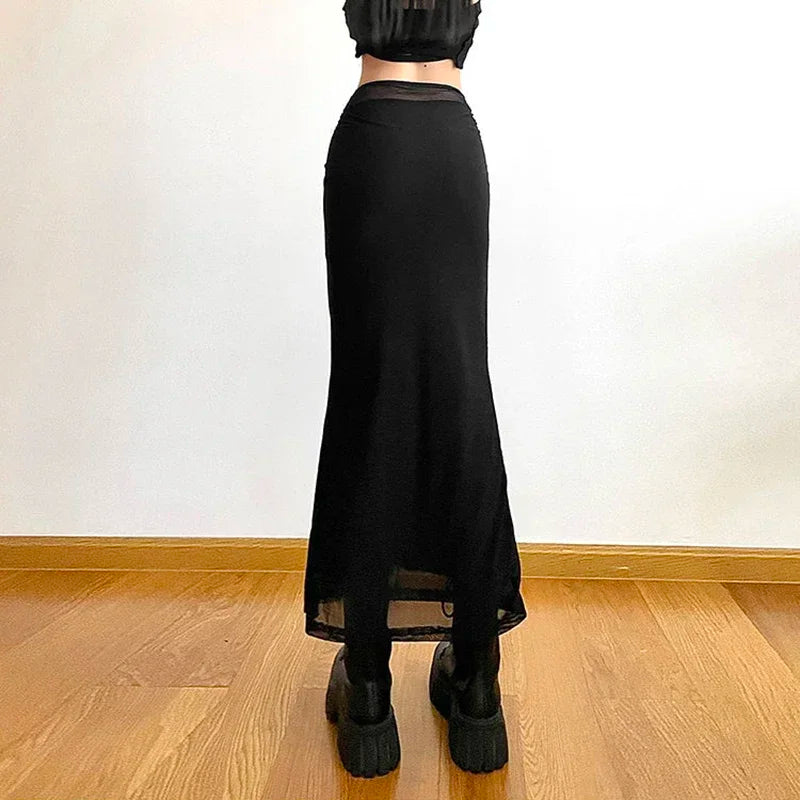 LVSANW Y2K Black Long Skirts Women Harajuku Sexy Mesh Patchwork Wrap Skirt Summer Gothic High Waist Slim Fit A Line Faldas 2025 New