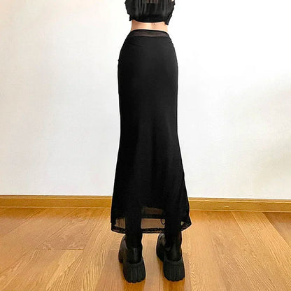 LVSANW Y2K Black Long Skirts Women Harajuku Sexy Mesh Patchwork Wrap Skirt Summer Gothic High Waist Slim Fit A Line Faldas 2025 New