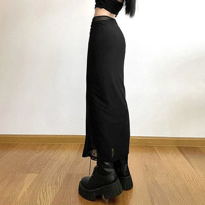 LVSANW Y2K Black Long Skirts Women Harajuku Sexy Mesh Patchwork Wrap Skirt Summer Gothic High Waist Slim Fit A Line Faldas 2025 New