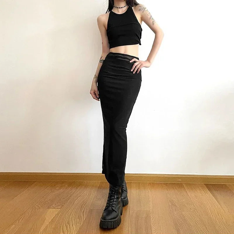 LVSANW Y2K Black Long Skirts Women Harajuku Sexy Mesh Patchwork Wrap Skirt Summer Gothic High Waist Slim Fit A Line Faldas 2025 New