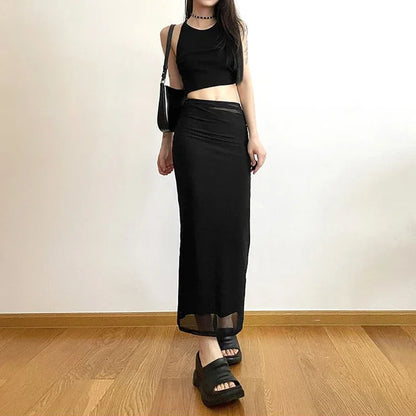 LVSANW Y2K Black Long Skirts Women Harajuku Sexy Mesh Patchwork Wrap Skirt Summer Gothic High Waist Slim Fit A Line Faldas 2025 New