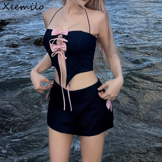 LVSANW Y2K Bow Tie Up Halter Tank Top With Side Split High-waist Party Skirt Summer Beachwear Holiday Elegant Women 2 Piece Set