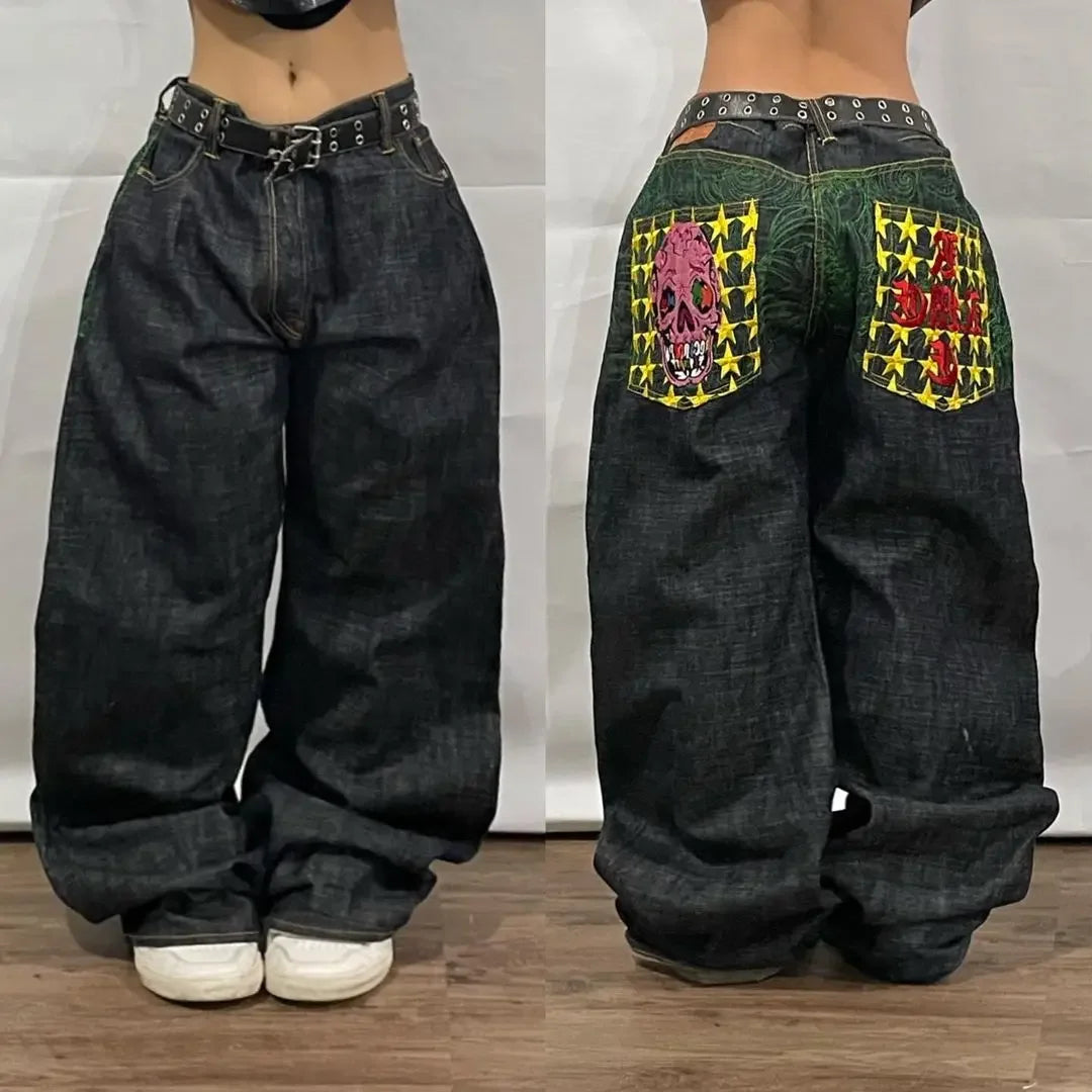 LVSANW Y2K Harajuku Hip Hop Alphabet Embroidery Retro Loose Jeans Men and Women Street Dance Hip Hop Rap Gothic Pants Trumpet Jeans