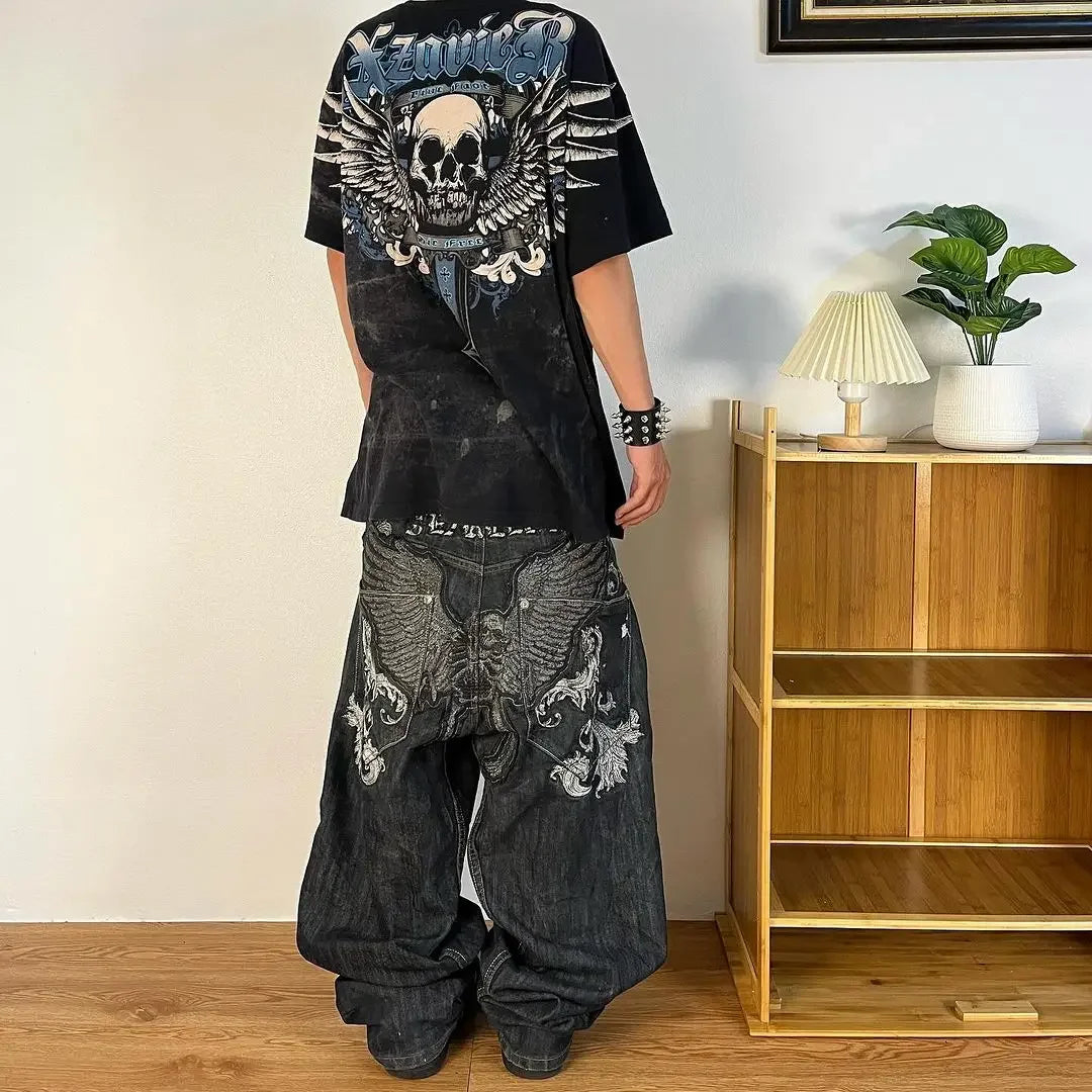 LVSANW Y2K Harajuku Hip Hop Alphabet Embroidery Retro Loose Jeans Men and Women Street Dance Hip Hop Rap Gothic Pants Trumpet Jeans