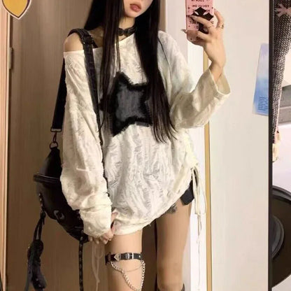 LVSANW Y2K Hole Star Print T-Shirt Women Fashion Streetwear Off Shoulder Tops Summer Oversized Kpop Long Sleeve Loose Tees Ladies New