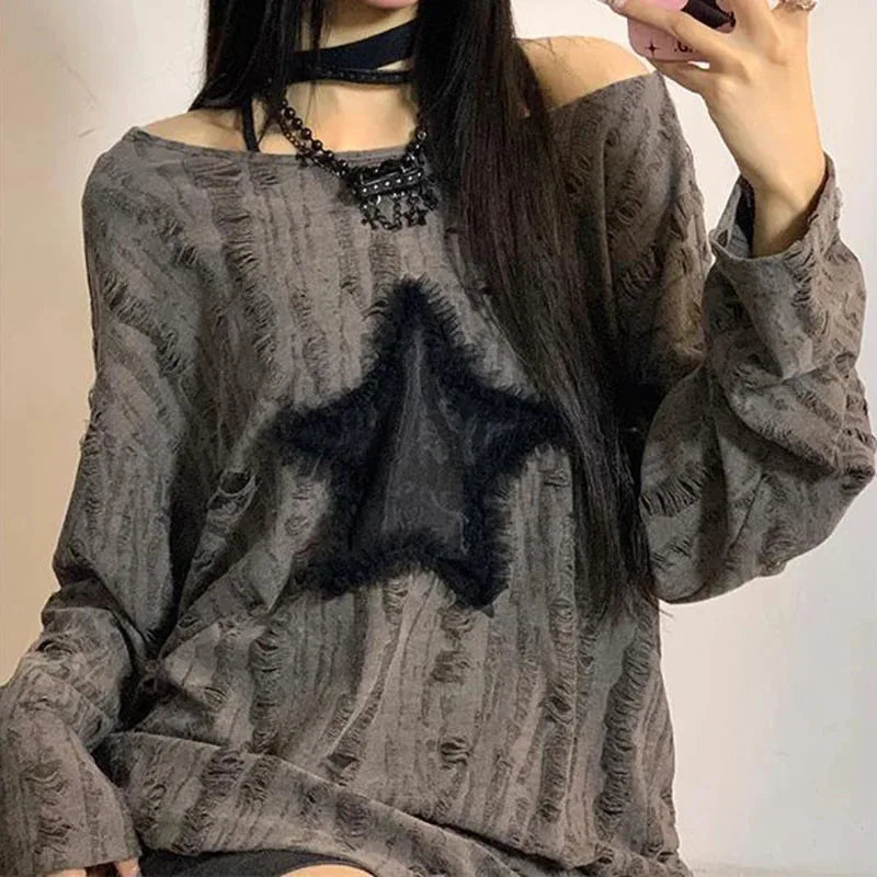 LVSANW Y2K Hole Star Print T-Shirt Women Fashion Streetwear Off Shoulder Tops Summer Oversized Kpop Long Sleeve Loose Tees Ladies New