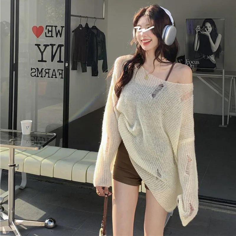 LVSANW Y2K Hollow Out Women Pullover Korean Loose Lazy Style Hole Knitted Sweater Fashion Streetwear Off Shoulder Sun Protection Tops