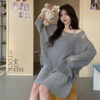 LVSANW Y2K Hollow Out Women Pullover Korean Loose Lazy Style Hole Knitted Sweater Fashion Streetwear Off Shoulder Sun Protection Tops