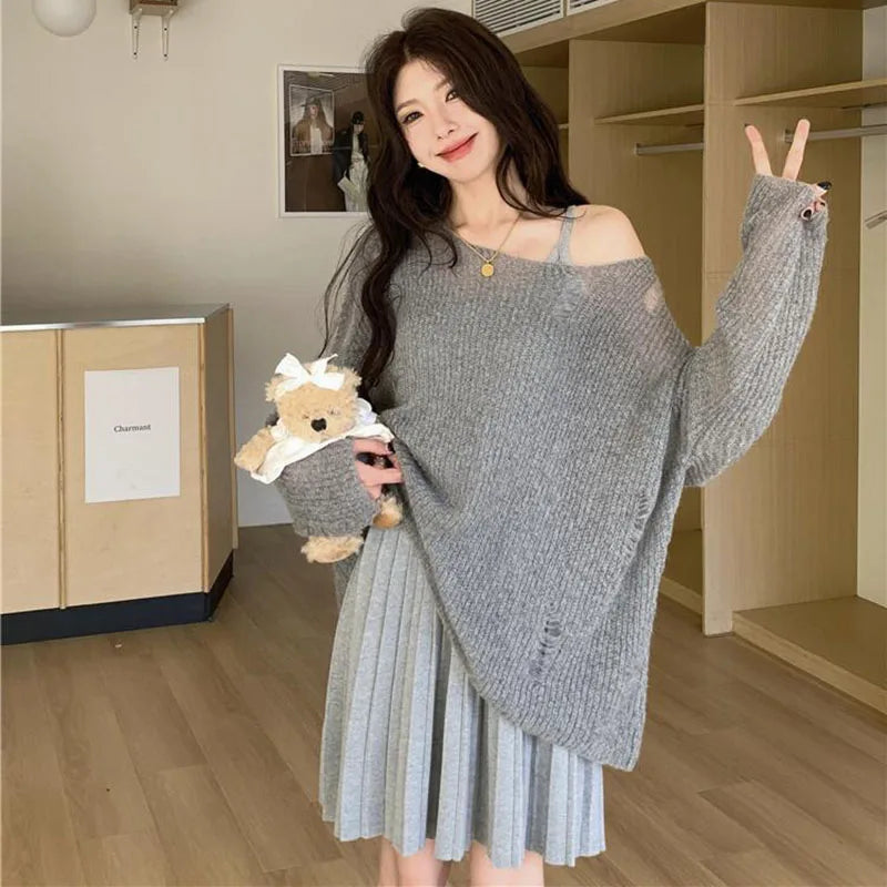 LVSANW Y2K Hollow Out Women Pullover Korean Loose Lazy Style Hole Knitted Sweater Fashion Streetwear Off Shoulder Sun Protection Tops