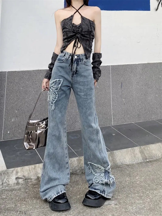 LVSANW Y2K Pure Desire American Retro Niche Design Butterfly Embroidered Jeans Female 2024 New High Waist Slim Micro Flared Pants