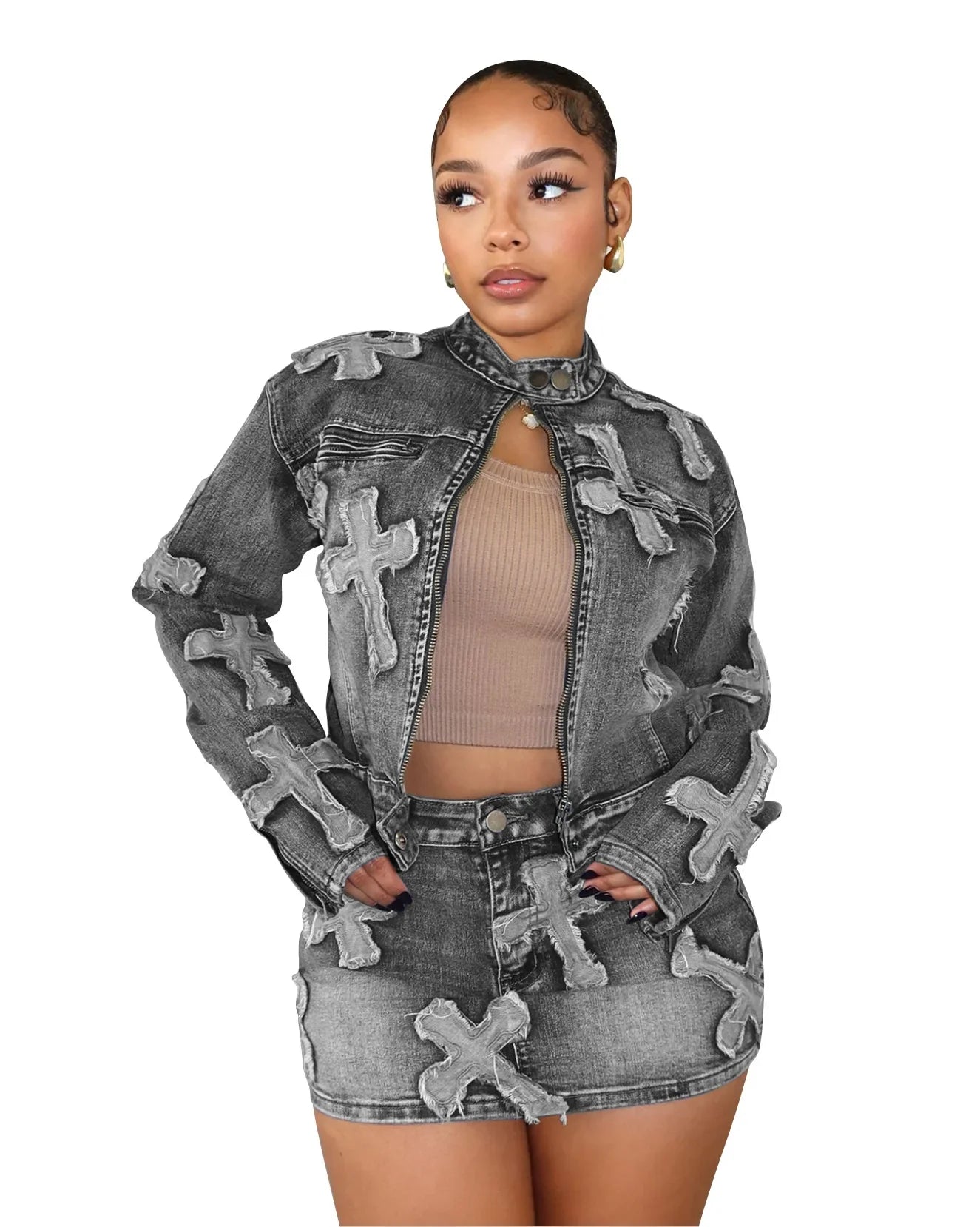 LVSANW Y2K Sexy Denim 2 Piece Skirt Set Women Outfits Embroidery Jacket Winter Spring Streetwear Fashion Slim Two Piece Matching Set