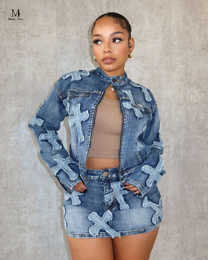 LVSANW Y2K Sexy Denim 2 Piece Skirt Set Women Outfits Embroidery Jacket Winter Spring Streetwear Fashion Slim Two Piece Matching Set