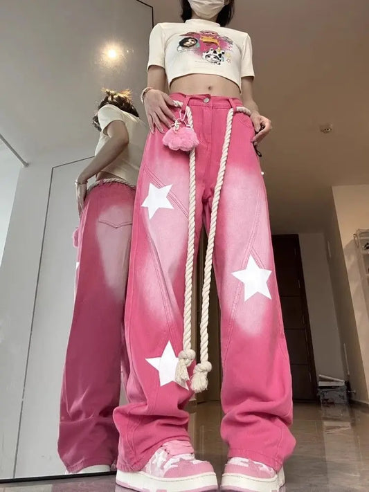 LVSANW Y2K Straight Jeans Vintage Star Jeans Women Summer New Pink High Waist Loose Wide Leg Pants High Street Korea Fashion