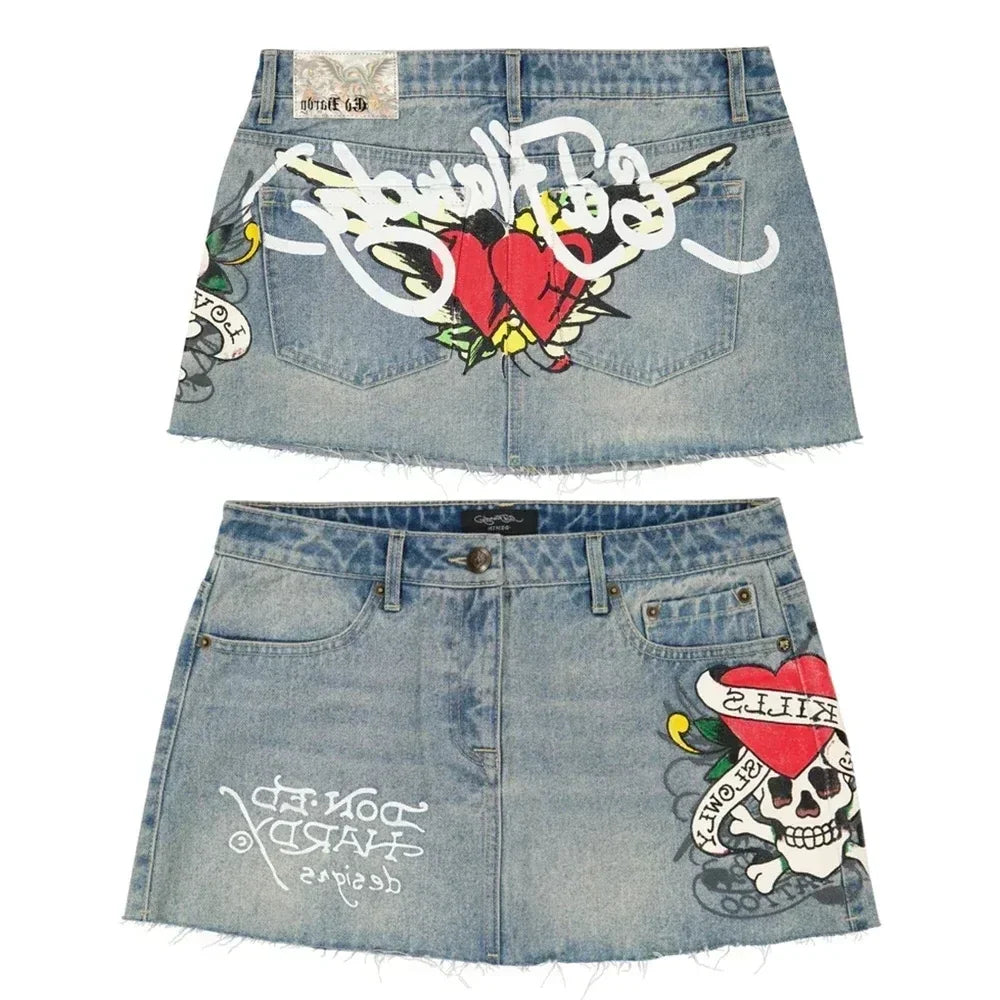 LVSANW Y2K Streetwear Skirt Harajuku Gothic Hip Hop Letter Print Retro Blue Denim Skirt Women Fashion Retro High Waist Slim Mini Skirt