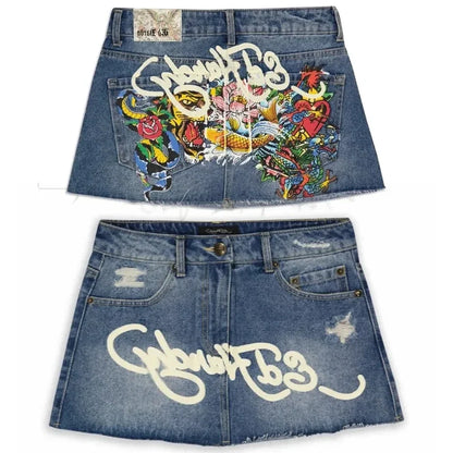 LVSANW Y2K Streetwear Skirt Harajuku Gothic Hip Hop Letter Print Retro Blue Denim Skirt Women Fashion Retro High Waist Slim Mini Skirt