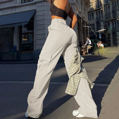 LVSANW Y2K Women Fashion Wide Leg Cargo Pants Street Flap Pocket Side Buckle Details Hip Hop Parachute Trousers Mujer