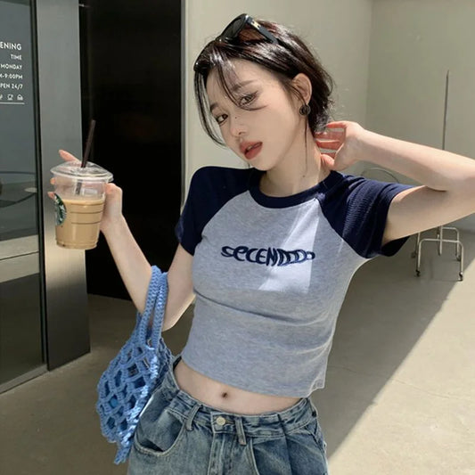 LVSANW Y2K Women T Shirt Patchwork Letter Slim Fit Crop Tops Streetwear Casual Korean Fashion Short Sleeve Tshirts Bae Female Tees