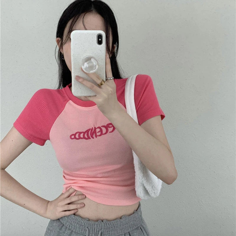 LVSANW Y2K Women T Shirt Patchwork Letter Slim Fit Crop Tops Streetwear Casual Korean Fashion Short Sleeve Tshirts Bae Female Tees