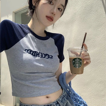 LVSANW Y2K Women T Shirt Patchwork Letter Slim Fit Crop Tops Streetwear Casual Korean Fashion Short Sleeve Tshirts Bae Female Tees