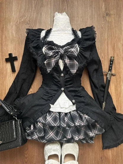 LVSANW Y2k Gothic Sweet 3 Piece Set Autumn Casual Long Sleeve Cardigan + Slim Lace Bow Vest + Plaid Mini Cake Skirt Women Outfits New